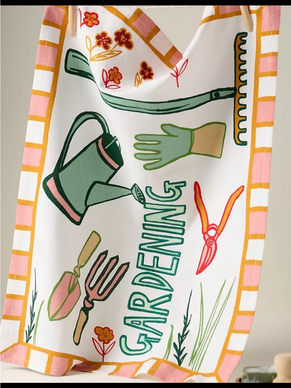 Anthropologie White Kitchen Towel with Green, Pink, Yellow Gardening Print